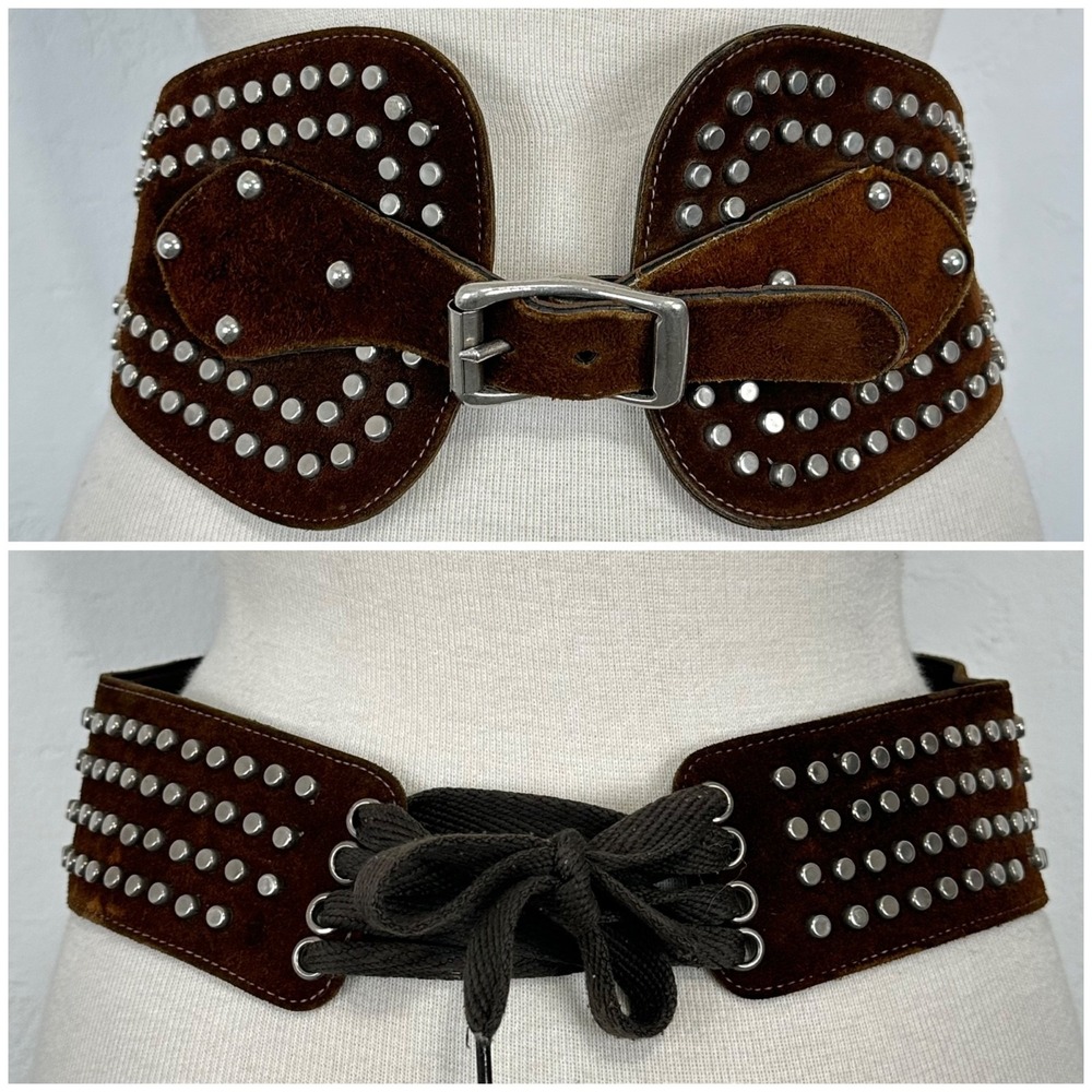 Boho Western Cottage Steampunk Leather Wide Cinch Belt 34" Brown Corset Studded